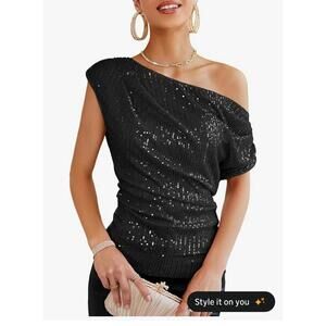 GRACE KARIN One Shoulder Sequin Sparkly Top for Women Asymmetrical Glitter Tops
